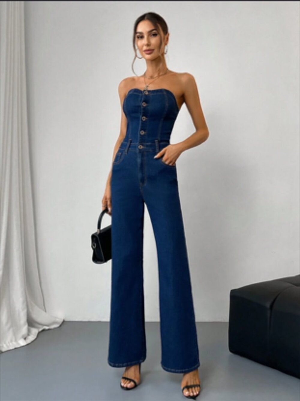 Strapless Denim Jumpsuit Deep Indigo Sexy Strapless Neckline Flared Legs LARGE